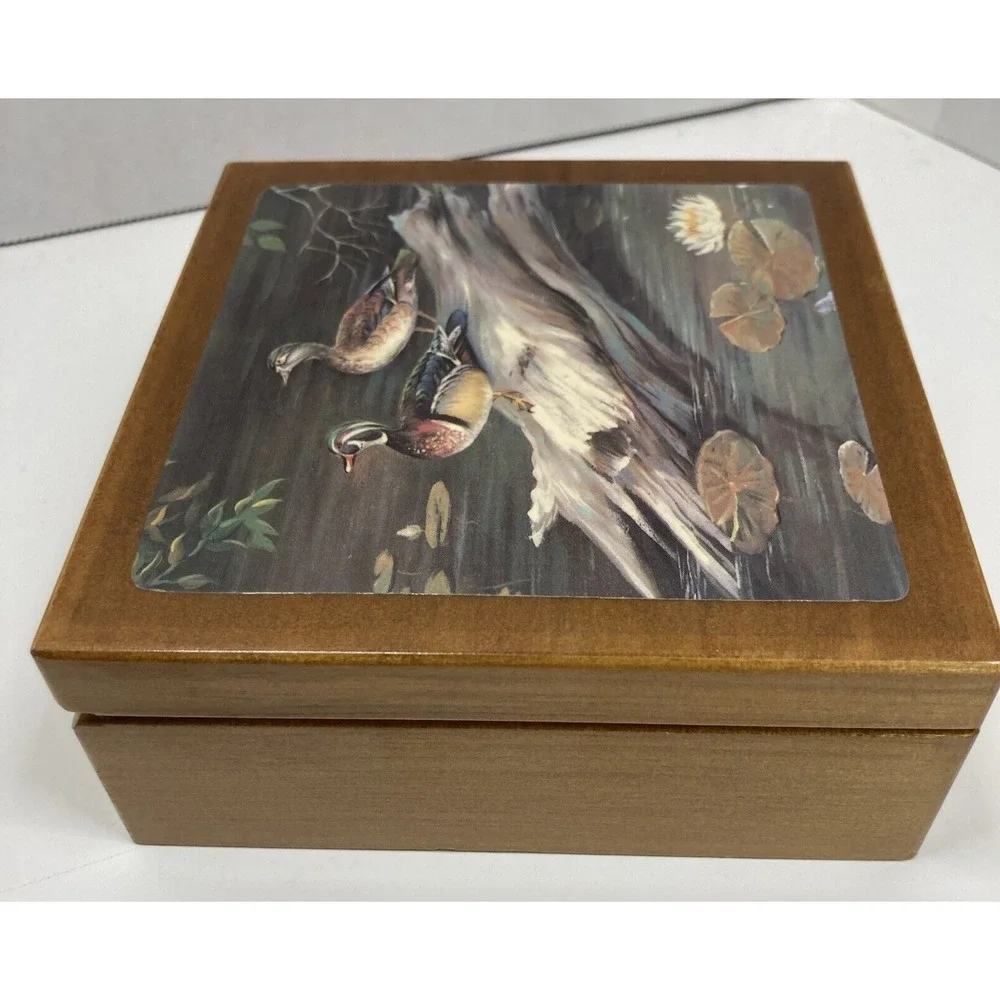 Vintage Duck Box Coaster Set Cork Back Wood Box 1970s with‎ 3 Coasters